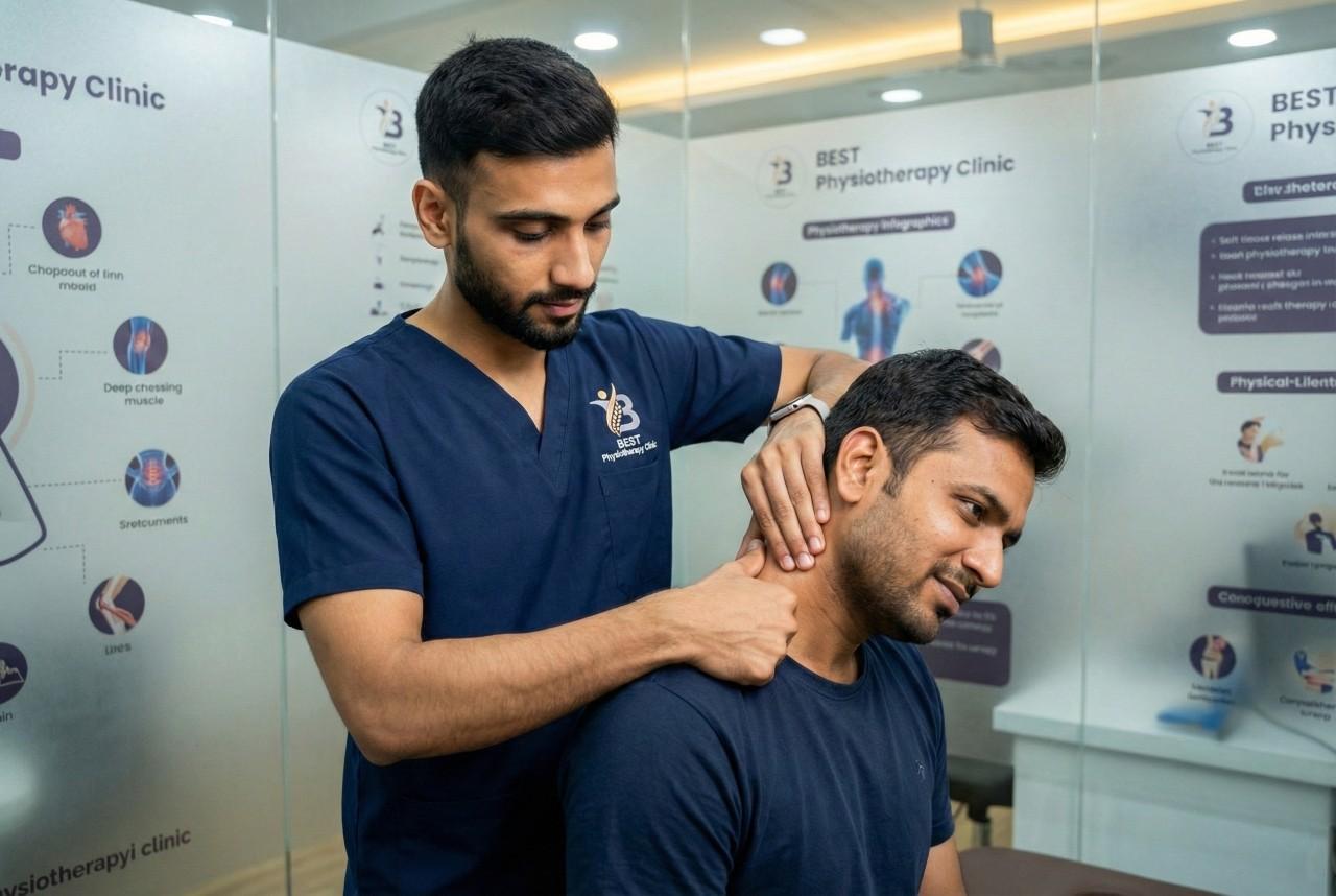 Physiotherapist performing neck manual therapy to relieve cervical muscle stiffness in soft tissue release therapy in bopal