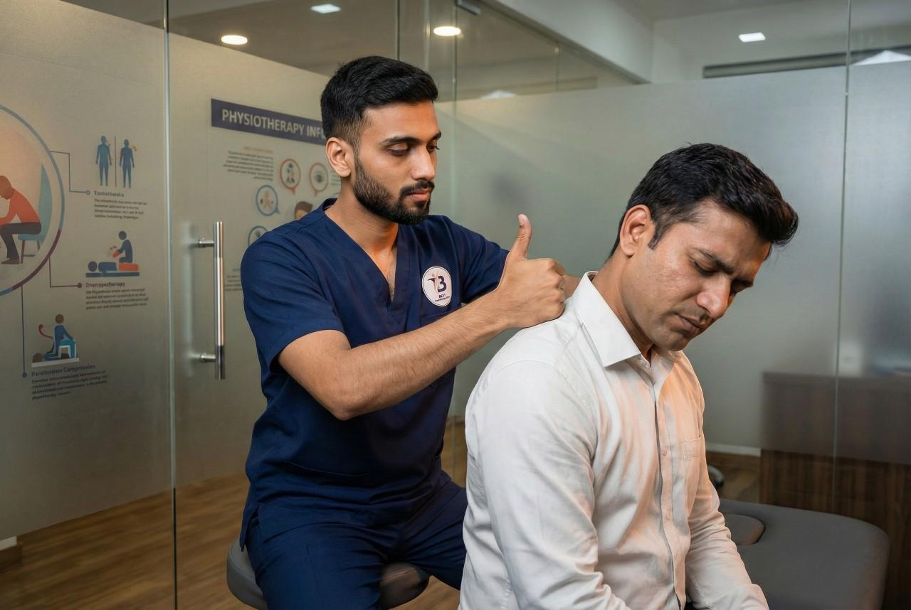Dr. Sagar applying trigger point pressure on patient’s neck for pain relief in Bopal Ahmedabad