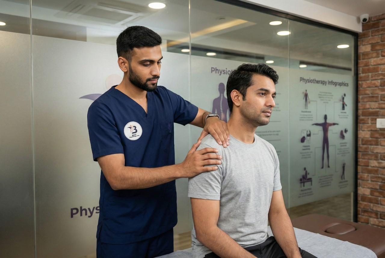 Dr. Sagar performing shoulder manual stretching to improve the patient’s mobility and posture manual stretching techniques in Bopal clinic.