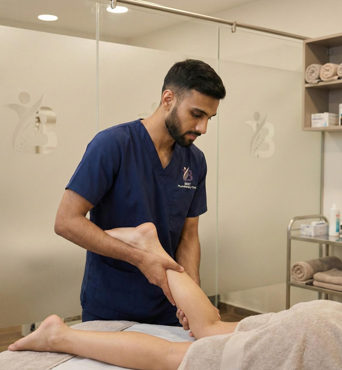 Dr. Sagar performing manual leg stretching therapy session in Bopa,l Ahmedabad clinic