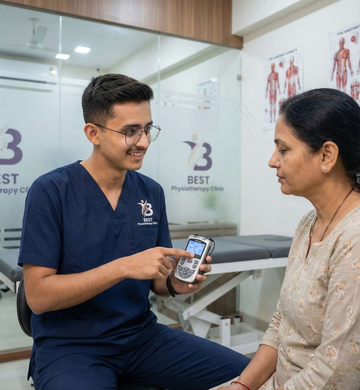 Dr. Kanaiya explaining the settings of a portable TENS therapy device to a female patient.