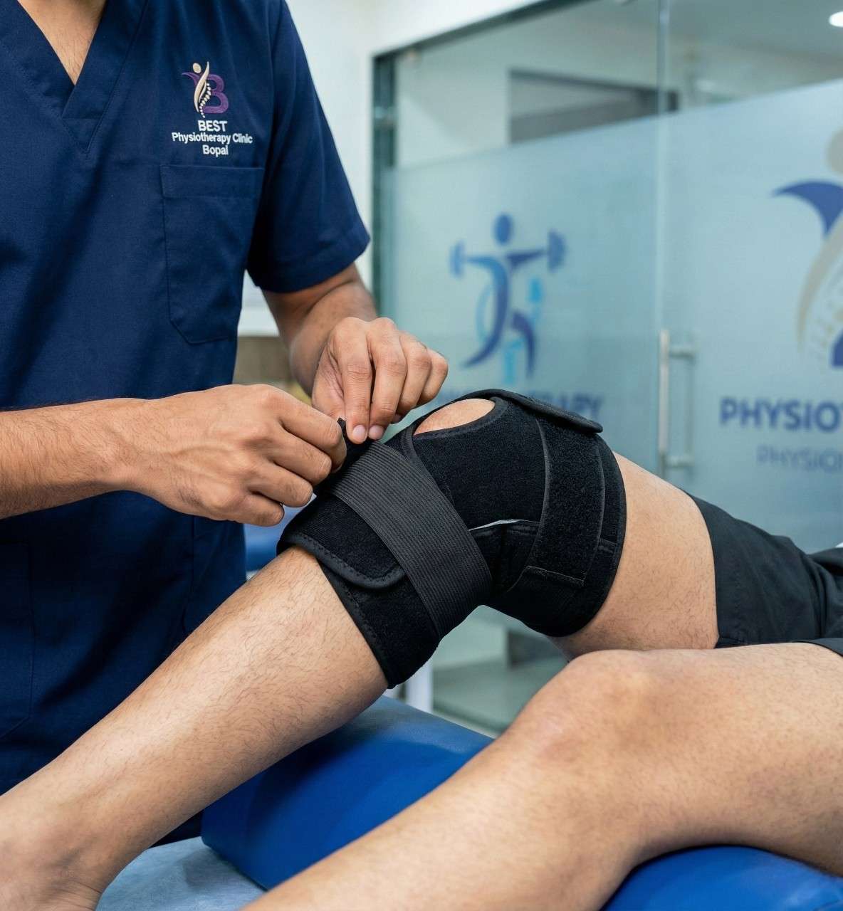 Close-up of a physiotherapist securing ka nee brace after cryotherapy treatment for joint support.