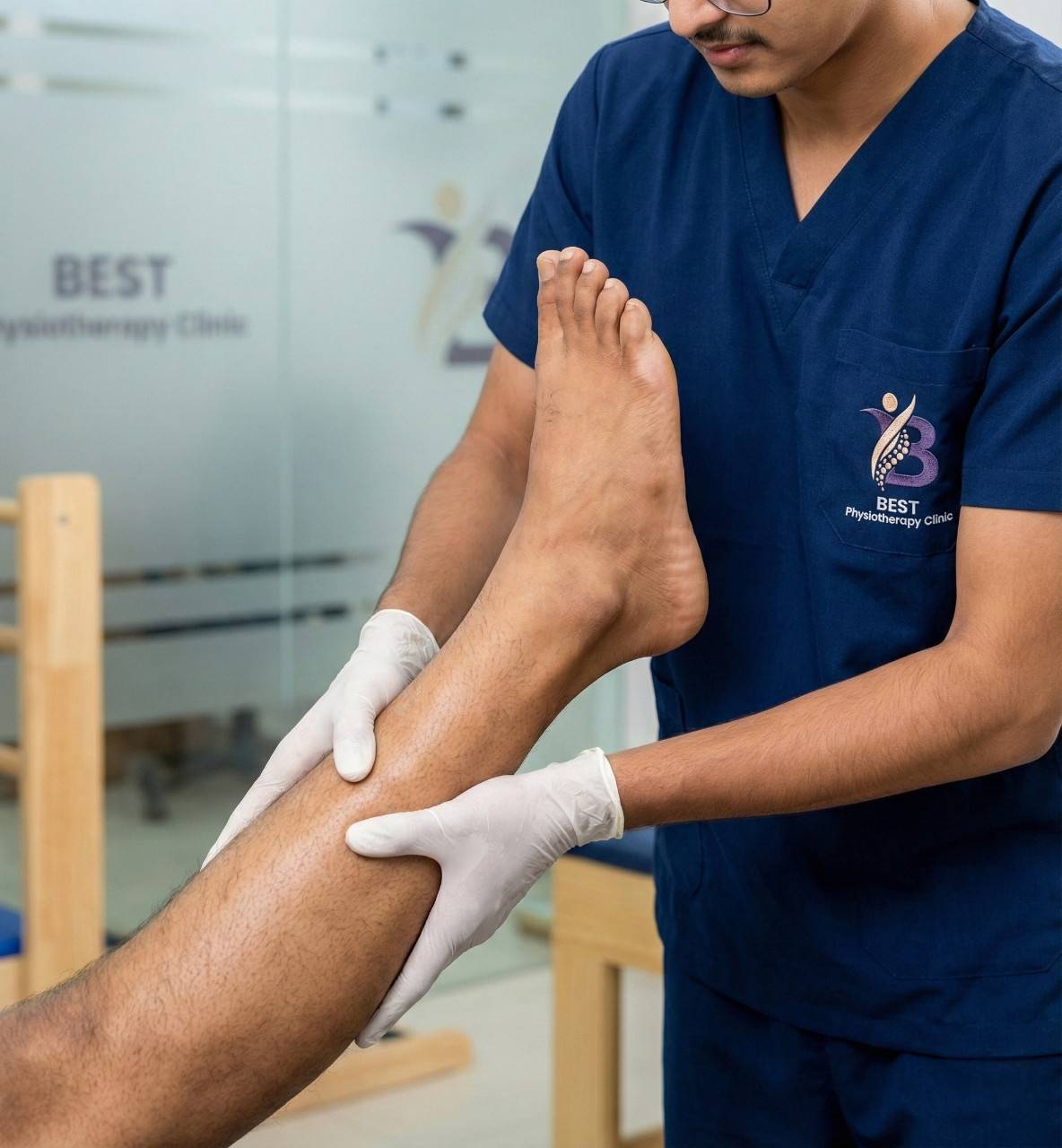 Physiotherapist applying the PNF lower-limb facilitation technique to enhance leg strength.