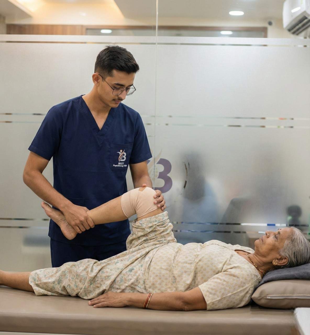 Dr. Kanaiya performing knee range of motion therapy in Bopal, Ahmedabad