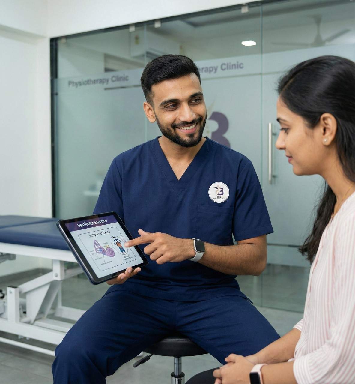 Dr. Sagar educating patient about inner ear function and vestibular exercises using a digital tablet in Bopal Clinic.