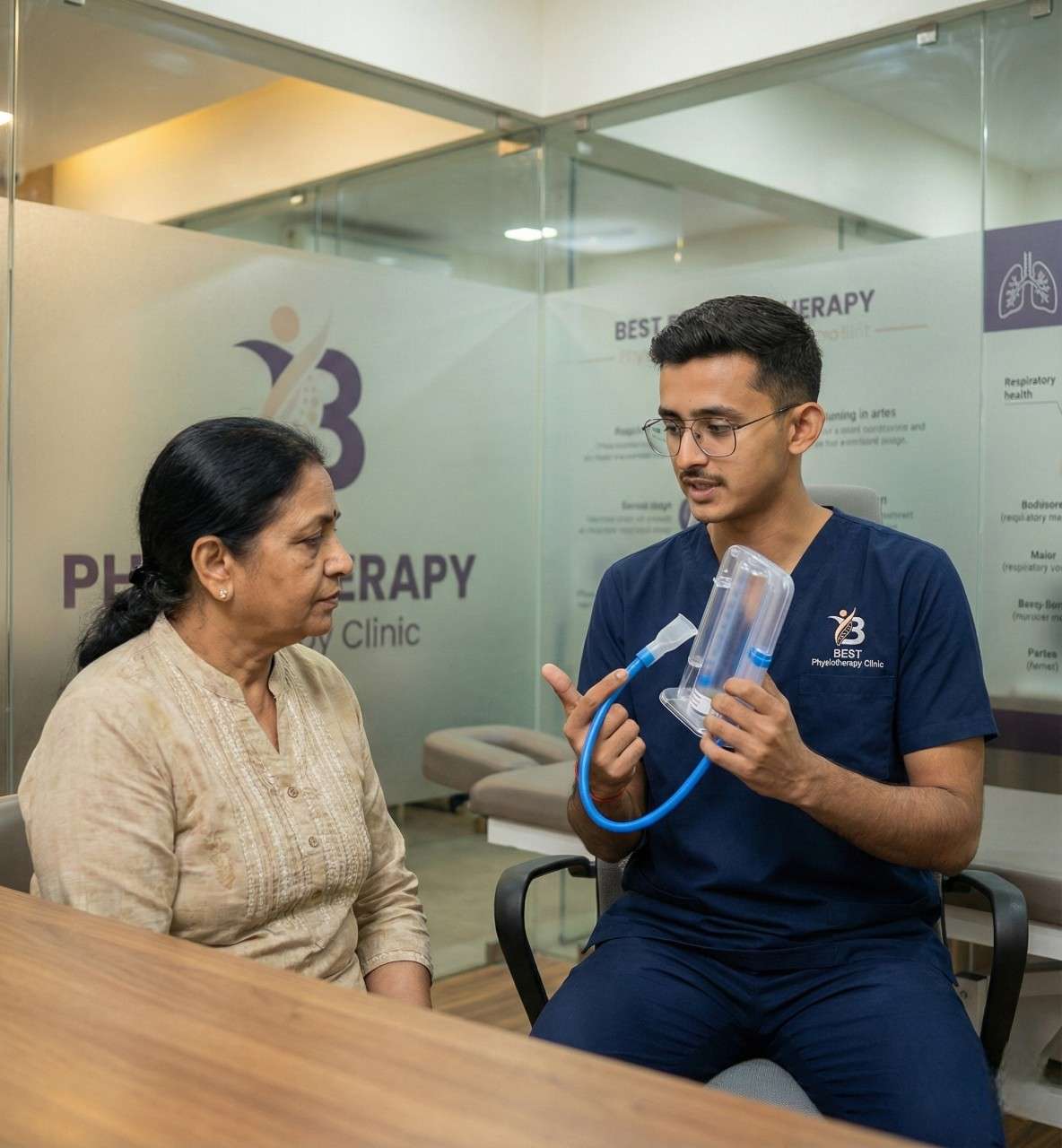 Physiotherapist educating elderly woman on how to use an incentive spirometer for better respiratory health.