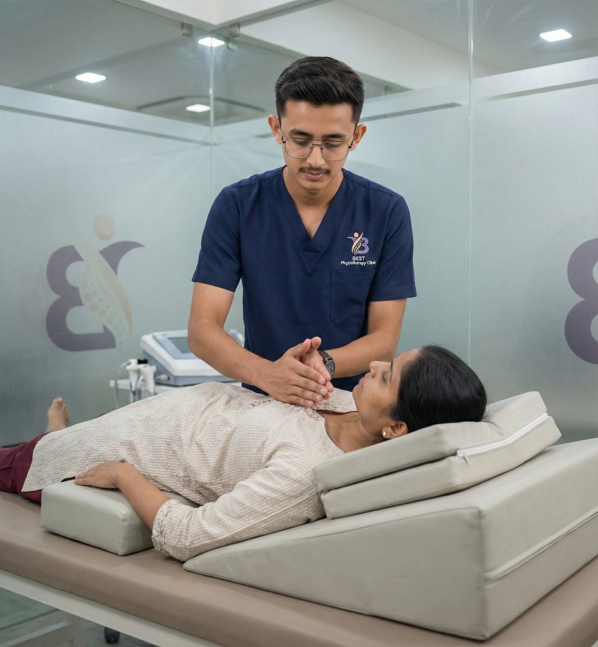 Physiotherapist positioning the patient for postural drainage to improve mucus clearance from the lungs.