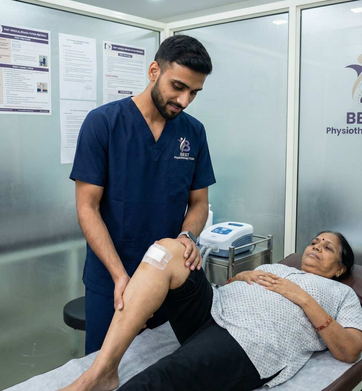 Physiotherapist providing a gentle range of motion for post-surgical knee rehabilitation and healing.