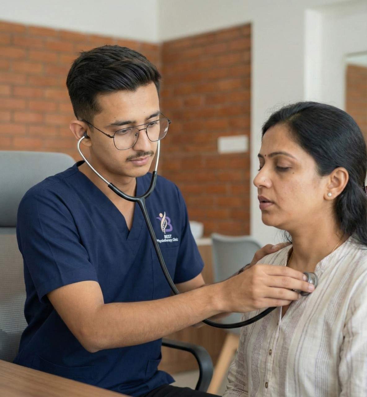 A physiotherapist using a stethoscope to assess a patient’s breathing and chest health before therapy.