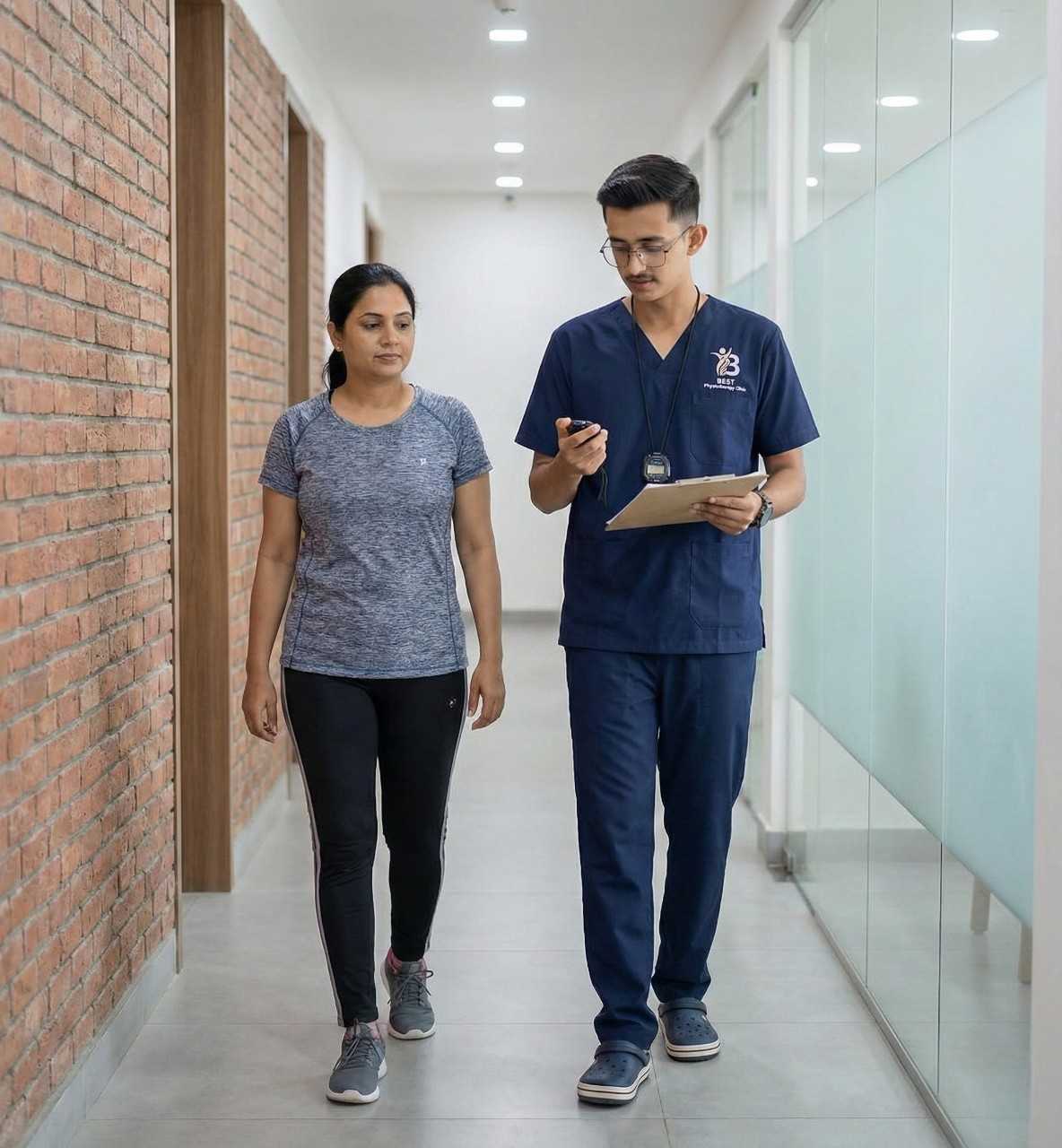 Physiotherapist assessing walking endurance and gait speed for respiratory and cardiac rehabilitation.