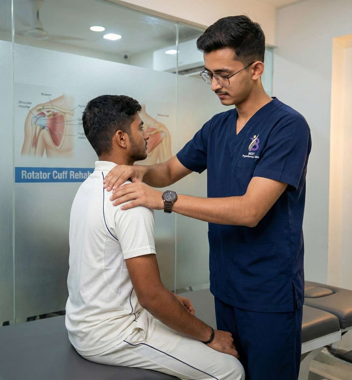 Physiotherapist assessing cricketer's shoulder joint for rotator cuff or throwing injury rehabilitation.