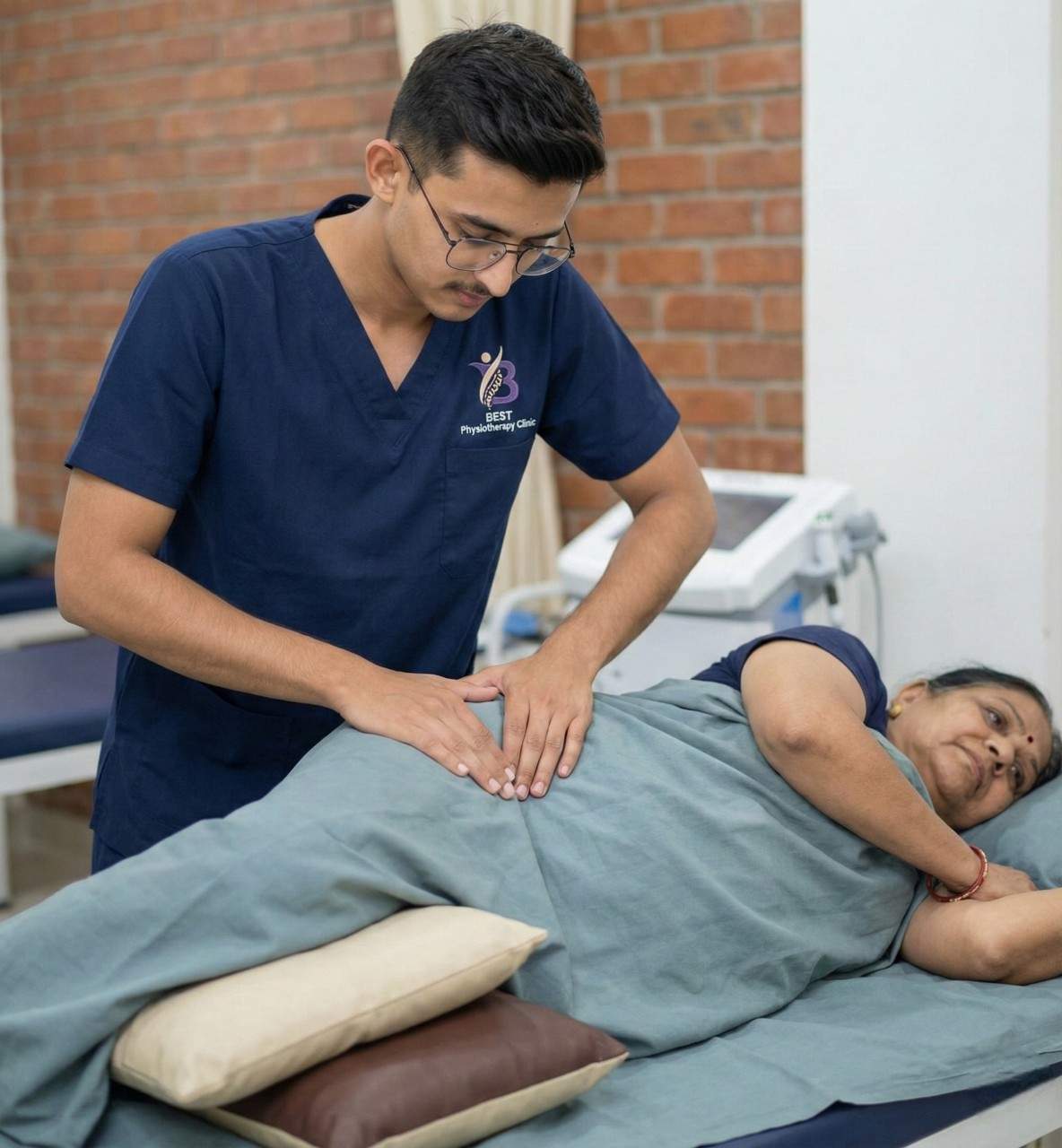 Physiotherapist supervising a patient practicing sit-to-stand transfers and functional exercises after hip replacement surgery