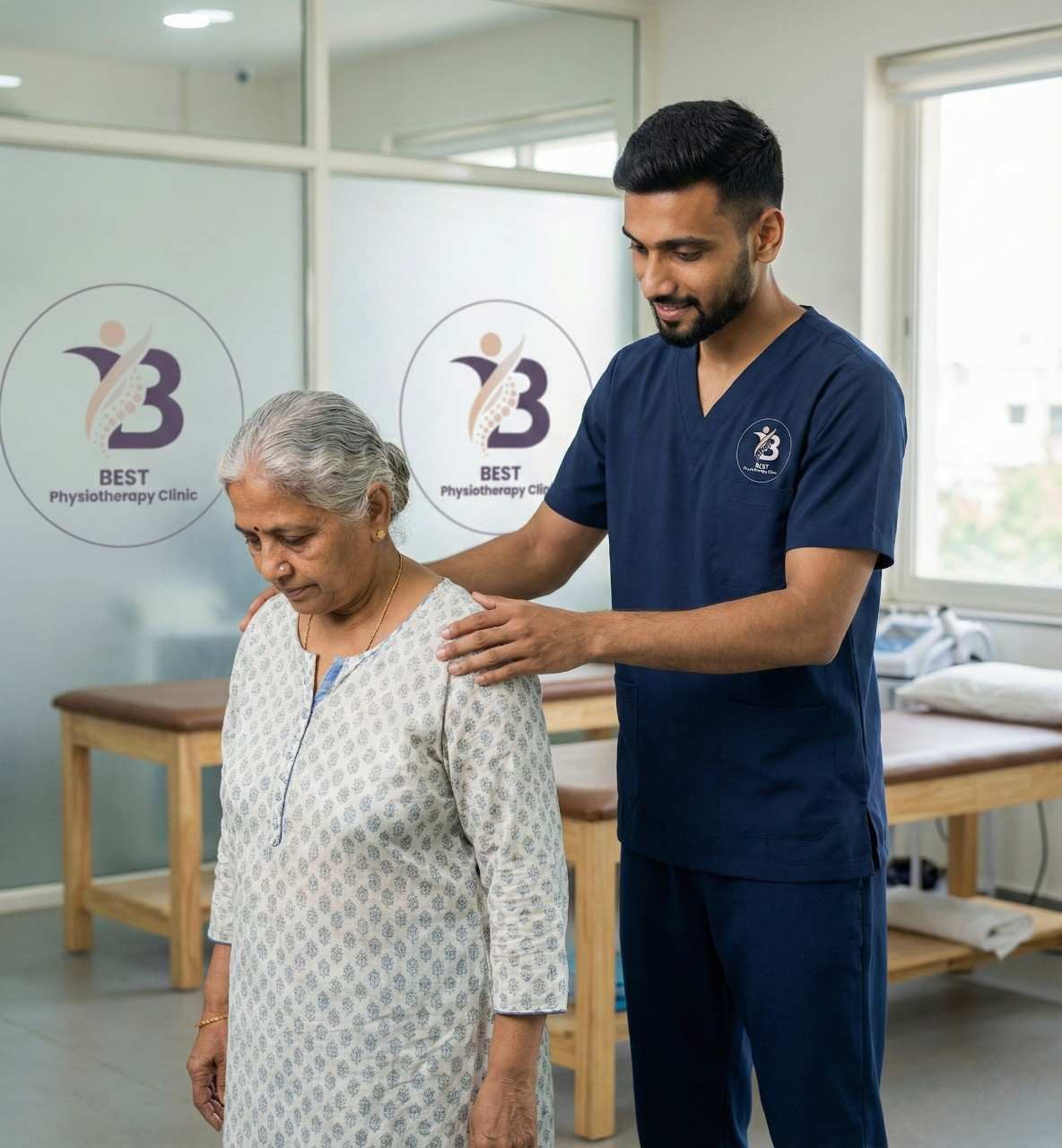 Physiotherapist assisting elderly woman with balance and gait training at the Bopal clinic.