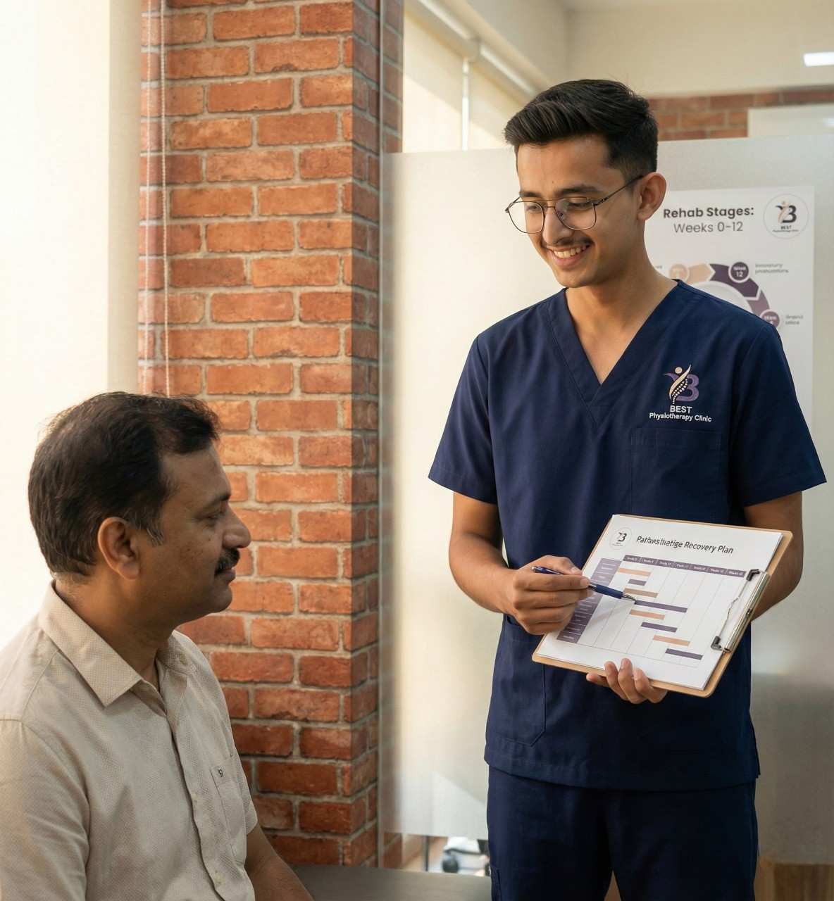 Physiotherapist Dr. Kanaiya performing gentle non-weight bearing range of motion exercises on the knee in early PCL rehab phase