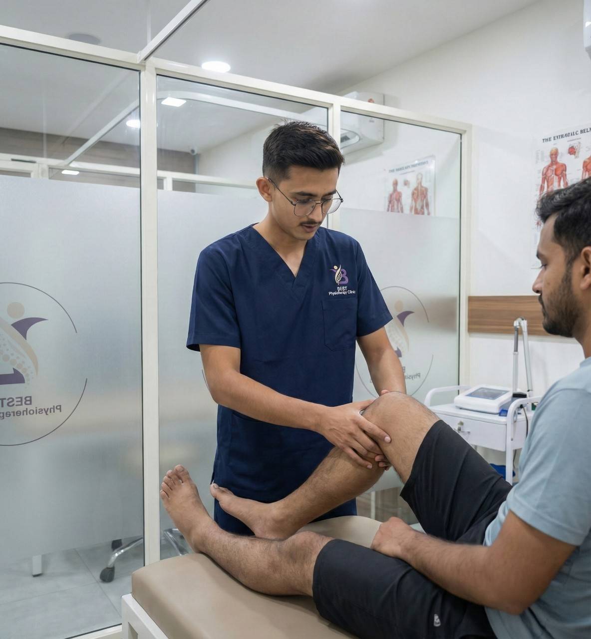 BEST Physiotherapy Clinic therapist examining a patient's knee for sports injury rehabilitation.