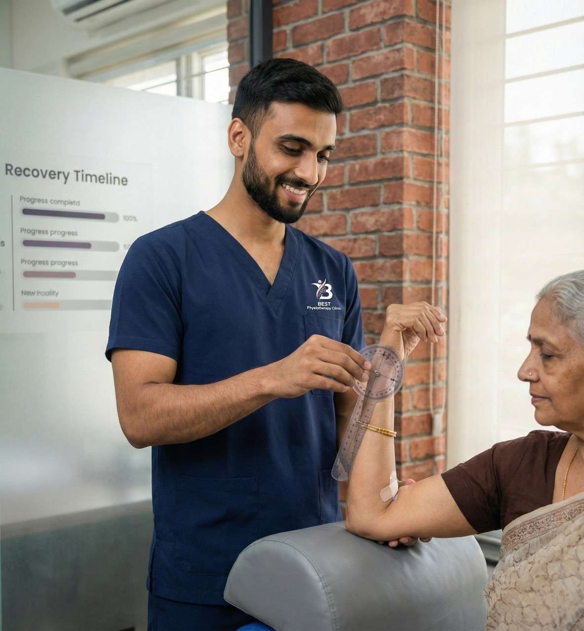 Physiotherapist Dr. Sagar performing IASTM (Instrument-Assisted Soft Tissue Mobilisation) therapy on a patient for scar release post-fracture