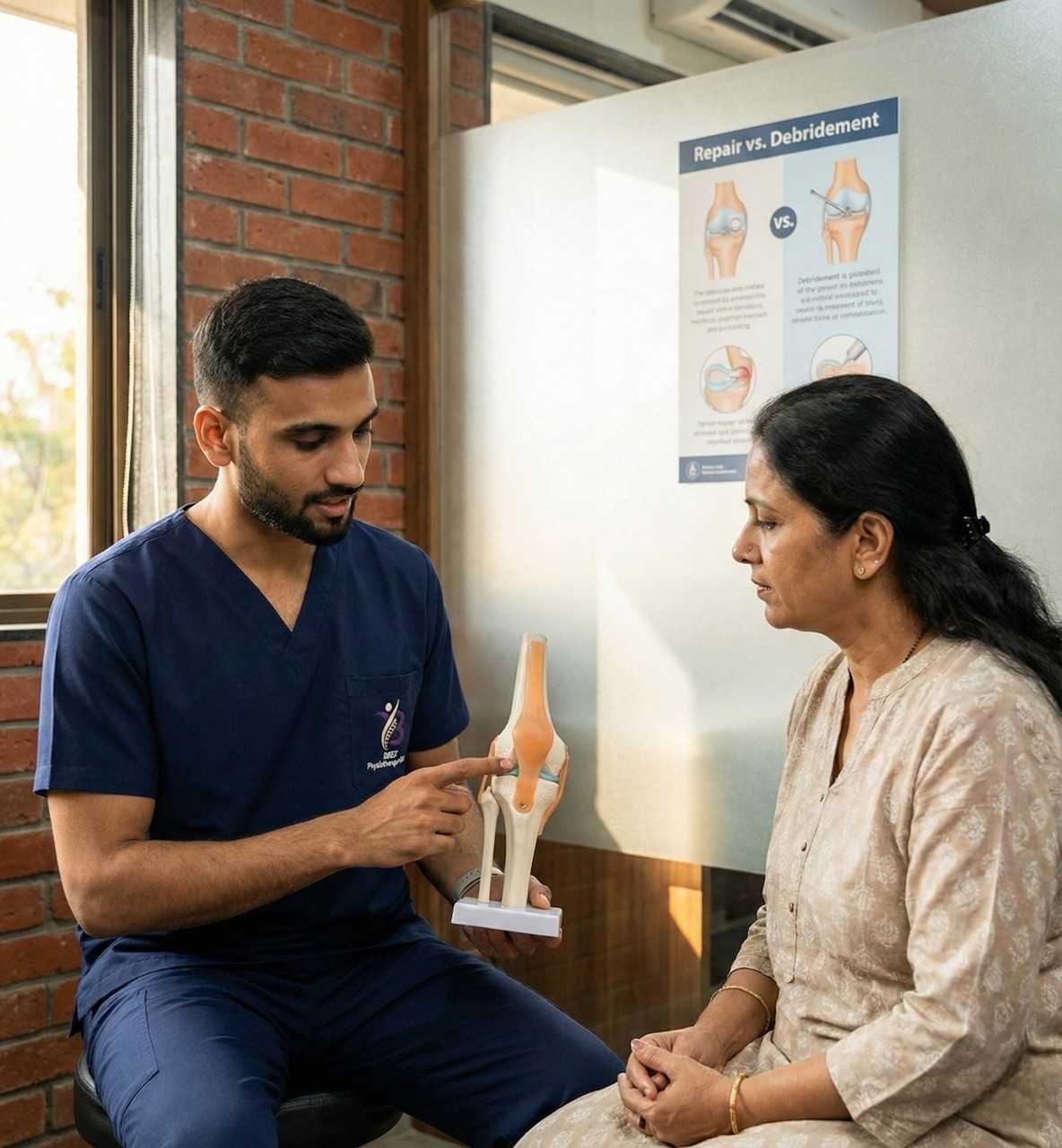 Physiotherapist performing gentle assisted range of motion (ROM) exercises on the knee joint post-arthroscopy