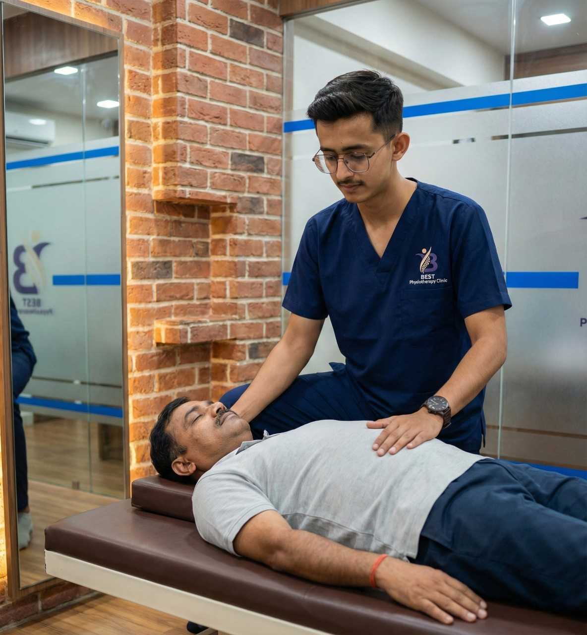 Asthma patient learning diaphragmatic breathing exercises from a physiotherapist to improve respiratory control