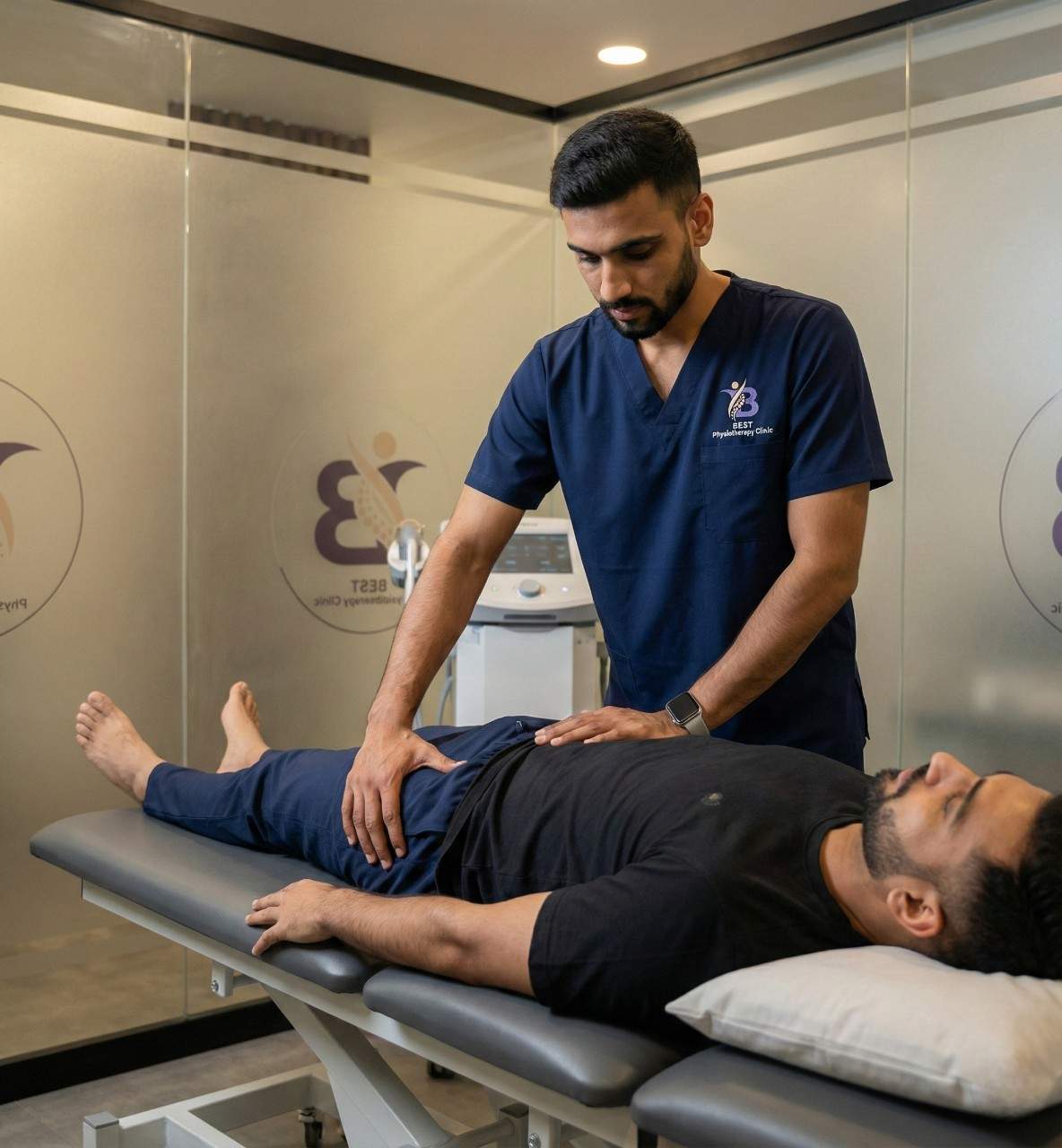 Manual physiotherapy treatment for a male patient's hip and groin pain on a clinic table.