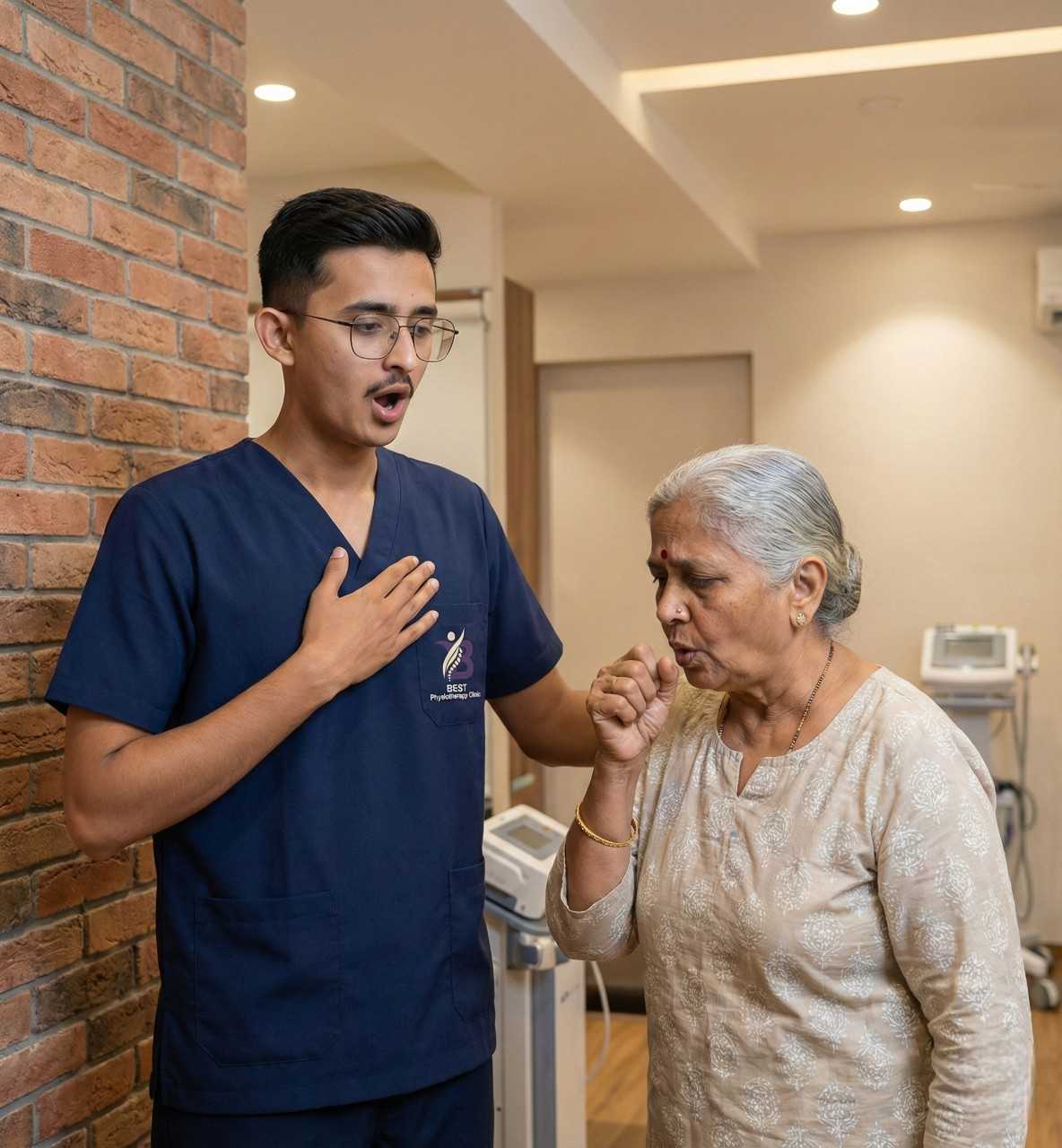 Physiotherapist performing chest auscultation to assess lung sounds and breathing in a patient with bronchitis