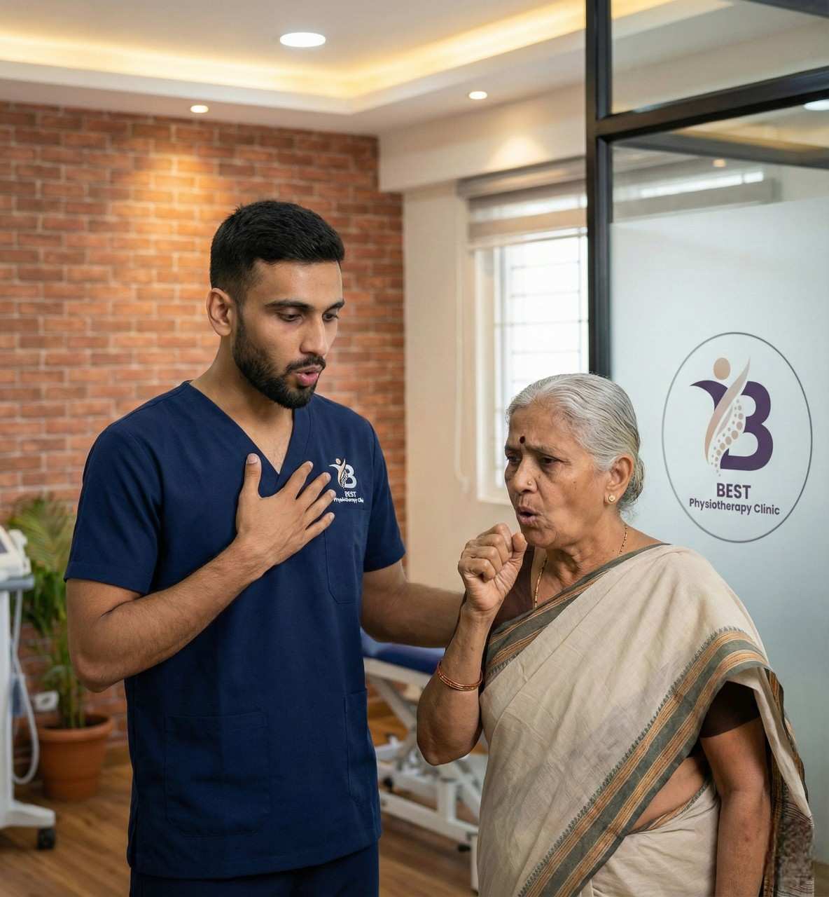 COPD patient practising effective coughing and breathing control techniques with guidance from a physiotherapist