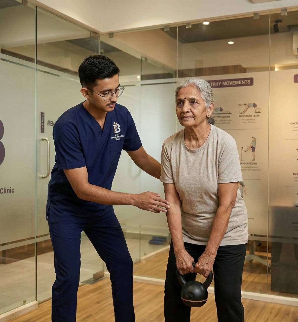 An elderly woman performing a kettlebell deadlift with Dr. Kanaiya supervision for functional fitness.