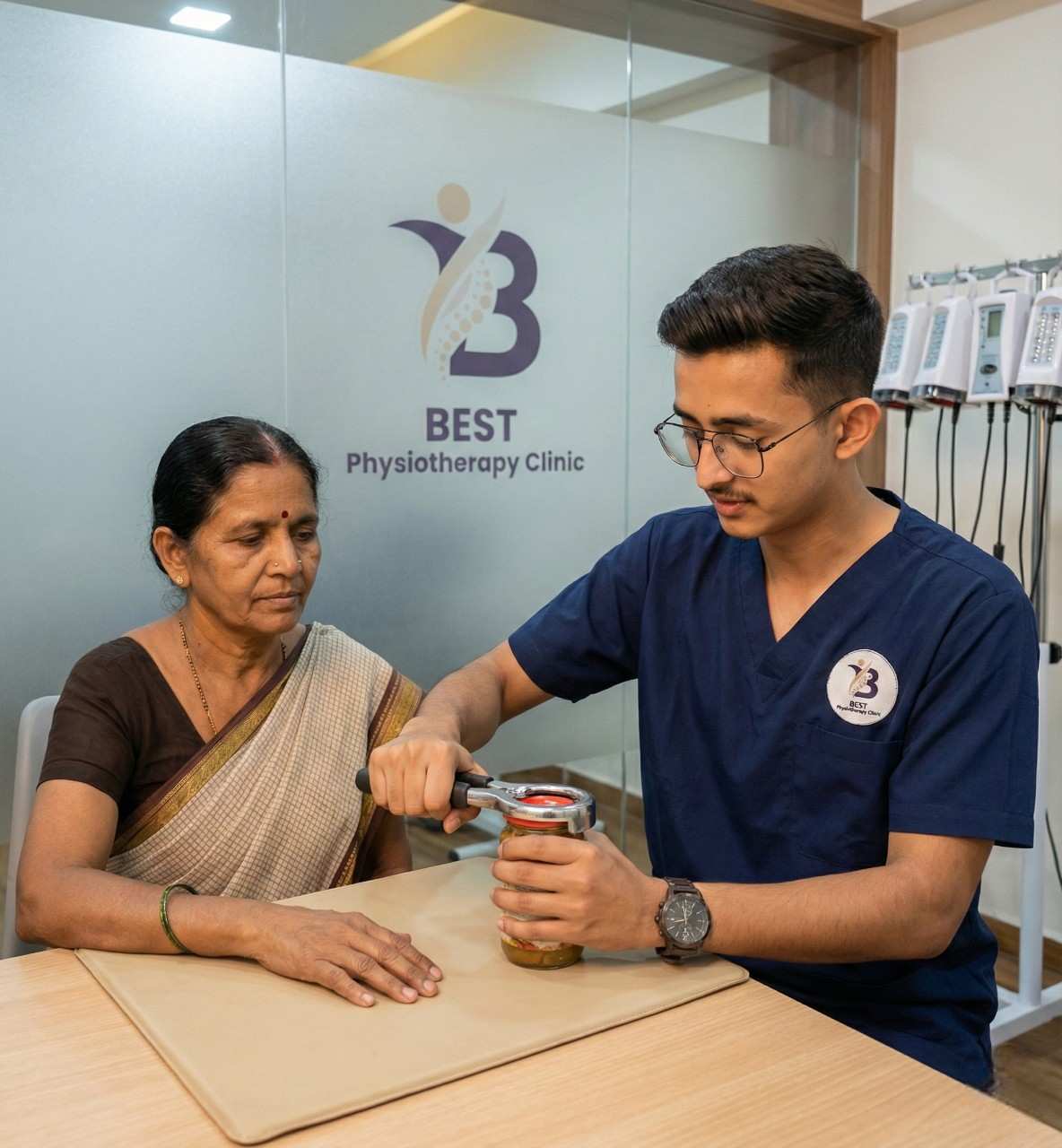 Physiotherapist training elderly woman to improve grip strength for Rheumatoid Arthritis management.