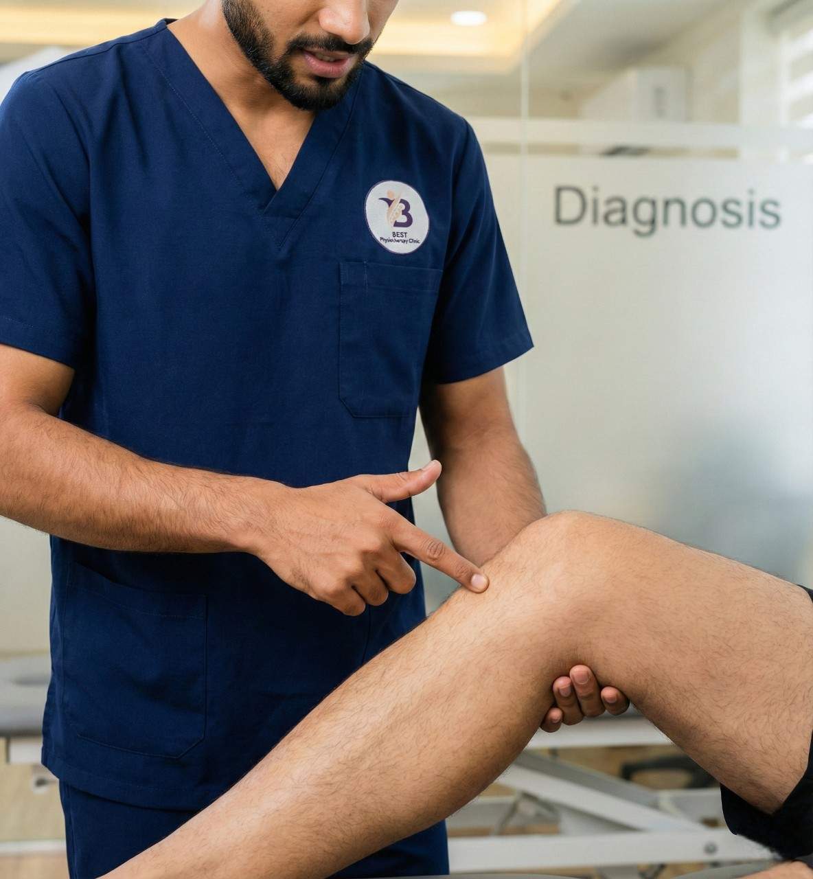 Physiotherapist providing early mobilisation therapy for post-operative knee ligament recovery.