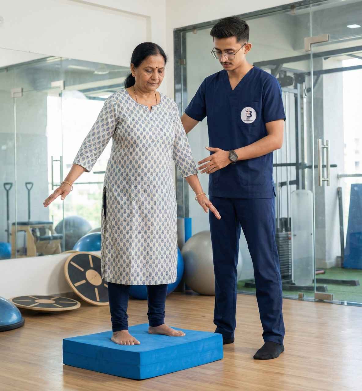 Physiotherapist Dr. Kanaiya assisting woman with walker for gait training and fall prevention strategies.