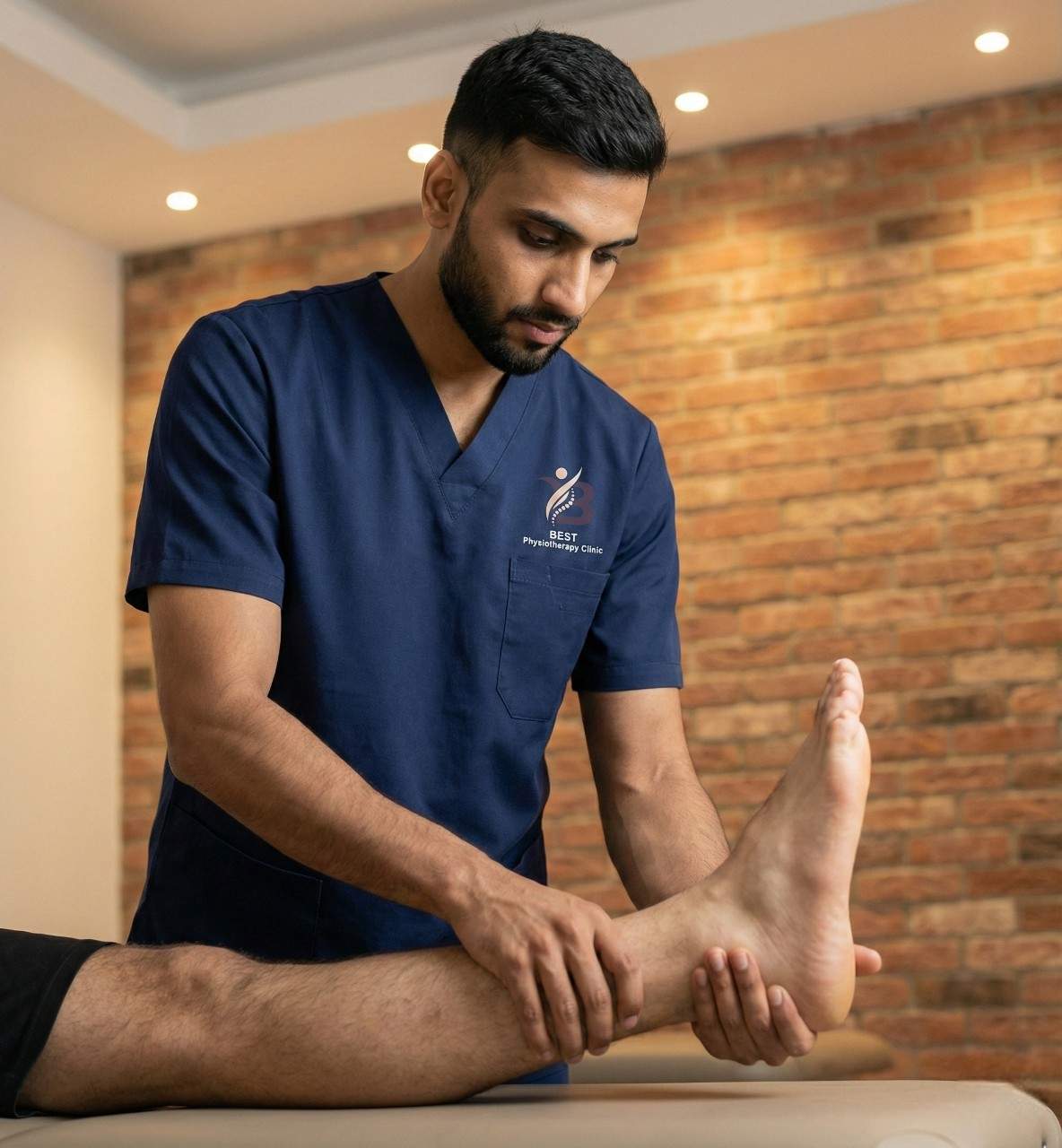 A physiotherapist performing manual mobilisation on the ankle and foot for sprain recovery.