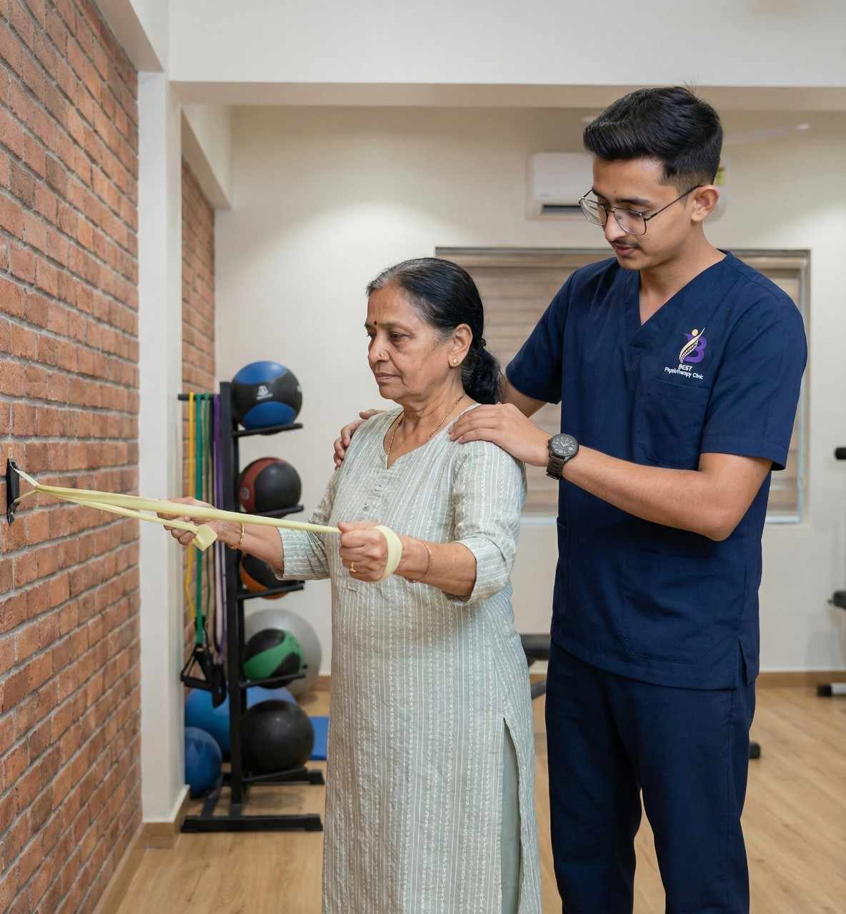 Physiotherapist Dr. Kanaiya helping senior woman perform resistance band exercises for mobility and strength.