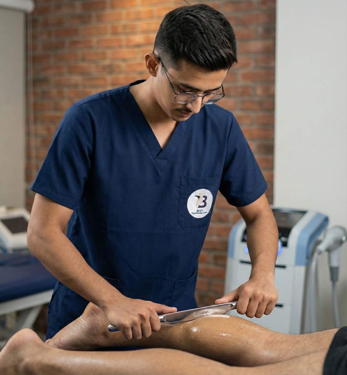 Physiotherapist treating muscle strain with IASTM (Soft Tissue Mobilisation) for recovery.