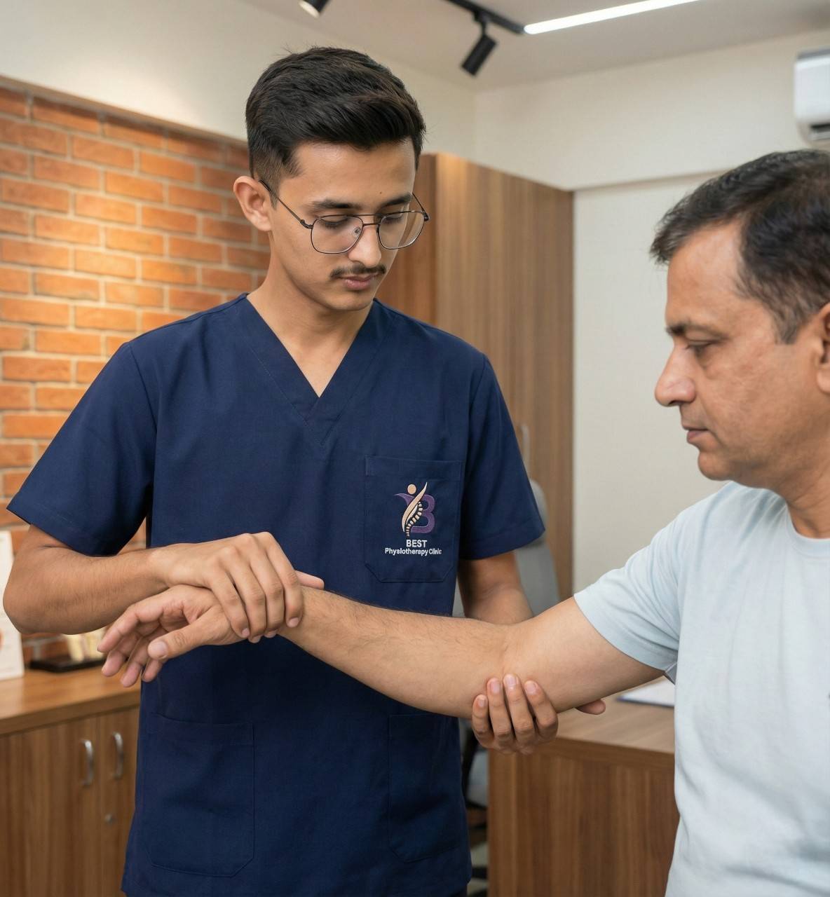 Physiotherapist performing shoulder and elbow joint mobilisation to improve arm function.