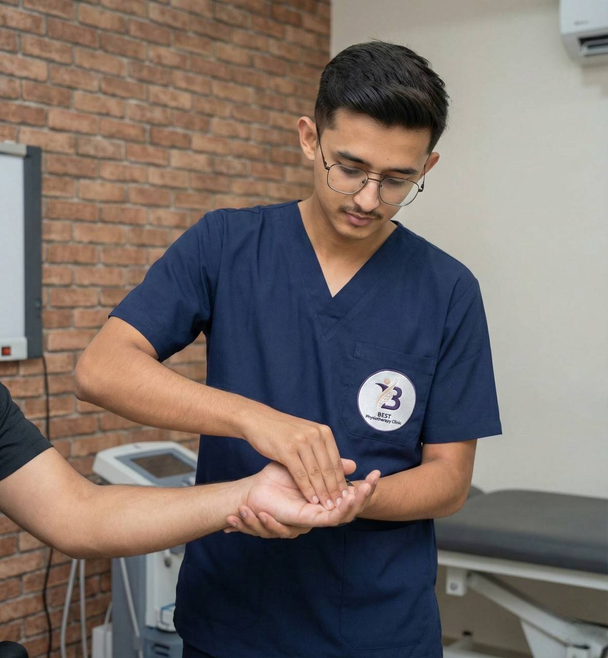 Physiotherapist performing manual therapy and forearm assessment for Golfer's Elbow treatment.