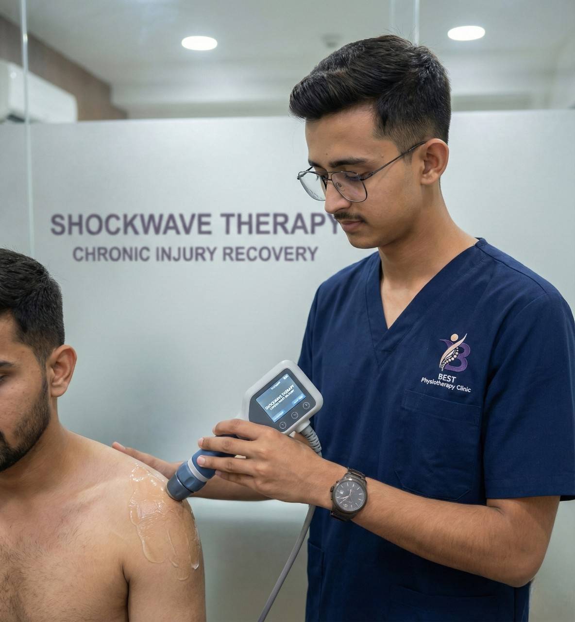 Physiotherapist treating chronic muscle pain with IASTM therapy for overuse syndrome recovery