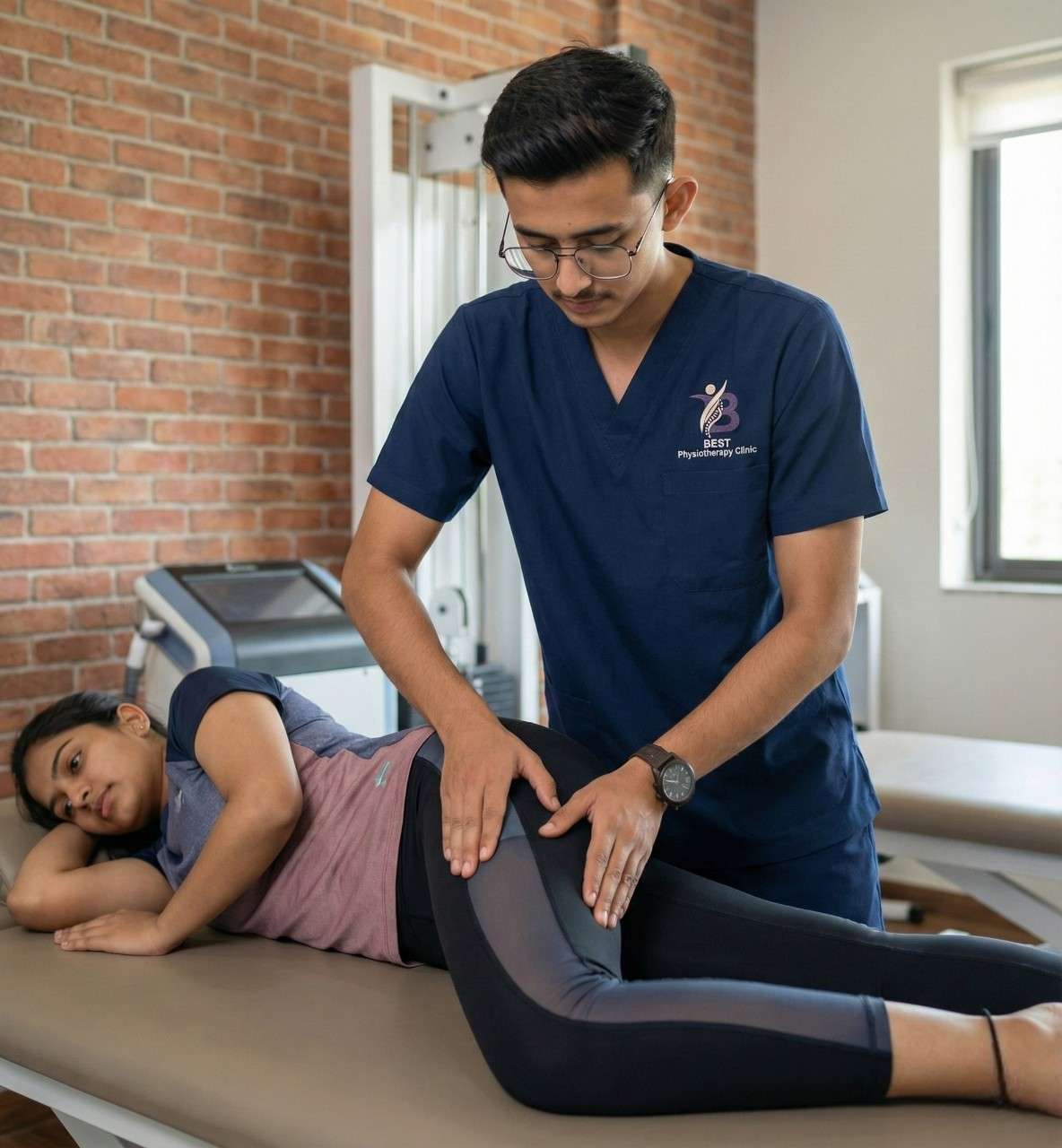 Physiotherapist applying soft tissue release on patient’s hip for pain relief.