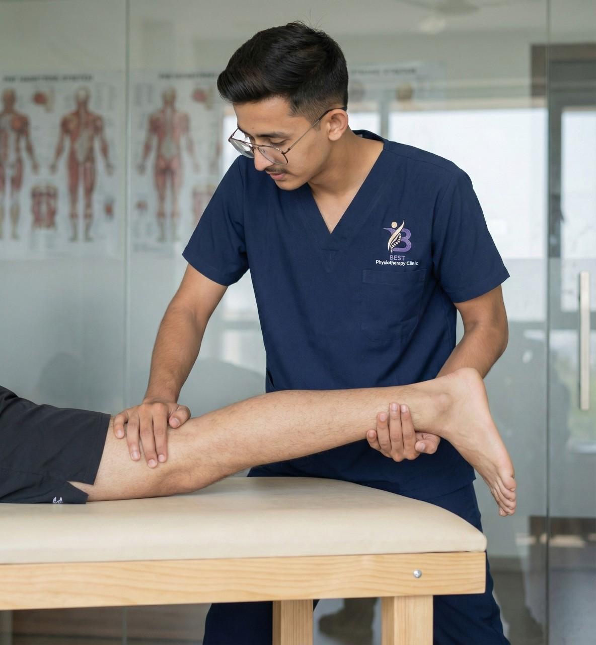 Dr. Kanaiya applying a manual leg stretching technique to enhance knee joint flexibility.
