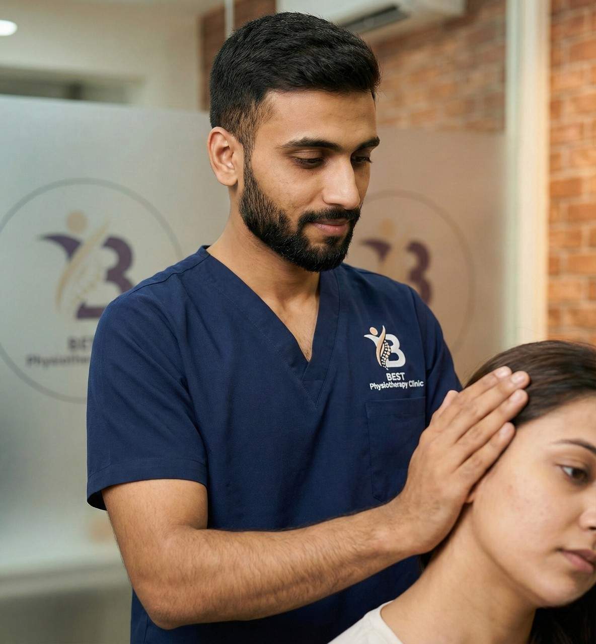 Dr. Sagar applying gentle muscle energy technique on patient’s neck tightness.