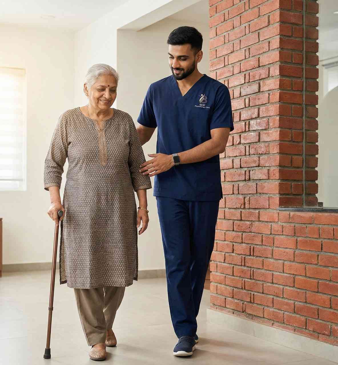 Dr. Sagar assisting an elderly woman with supported walking therapy using a cane as part of cardiac and pulmonary rehabilitation.