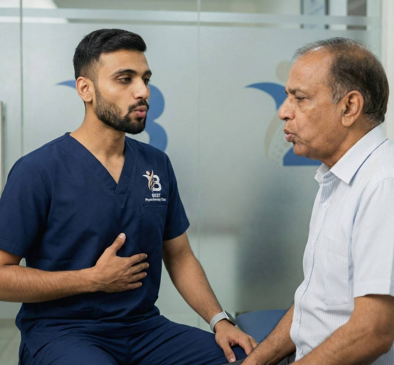 Physiotherapist guiding an older patient through breathing exercises to improve lung function and heart failure recovery