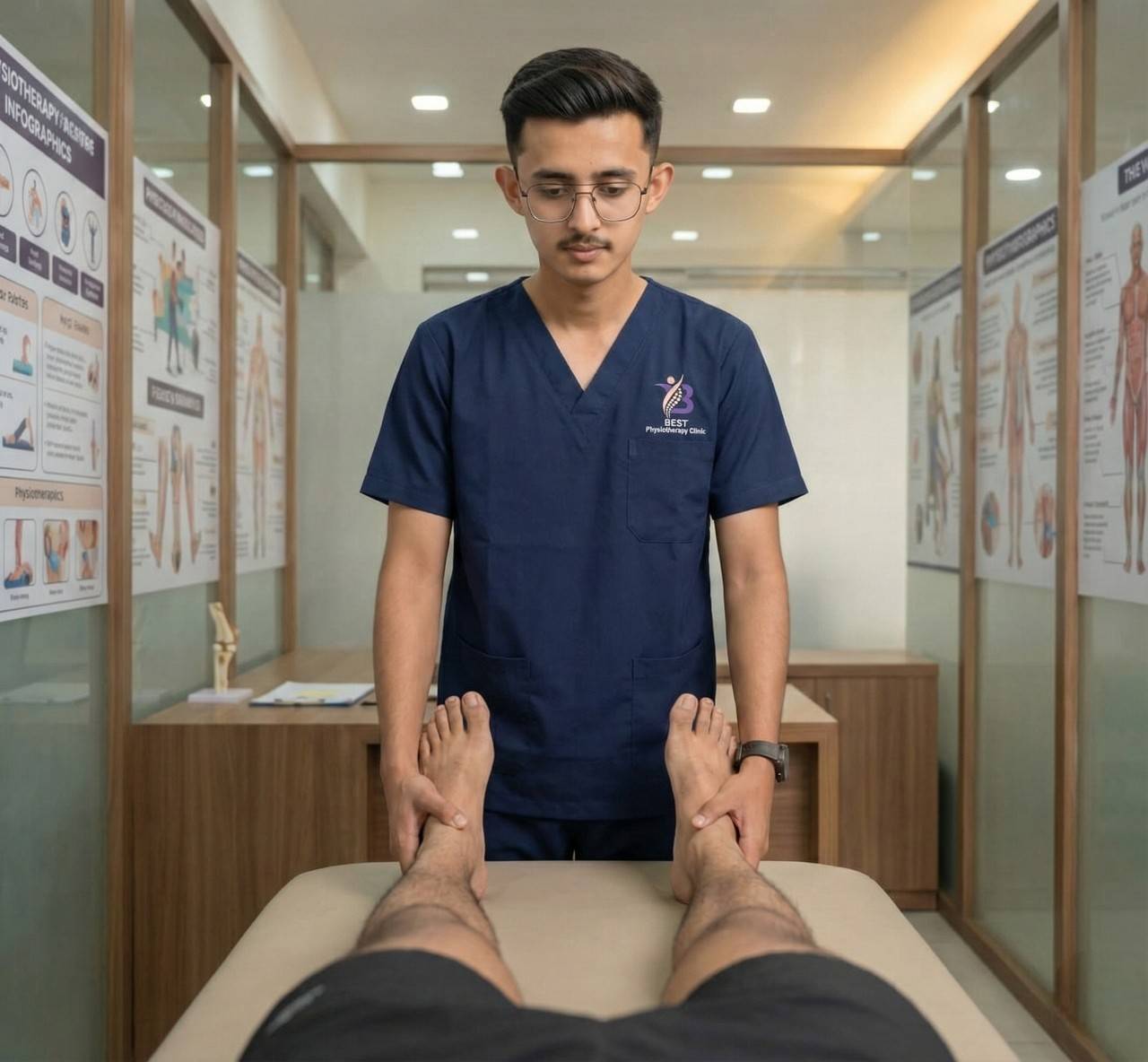 Dr. Kanaiya assessing lower-limb alignment before performing muscle energy technique treatment in clinic Bopal Ahmedabad.