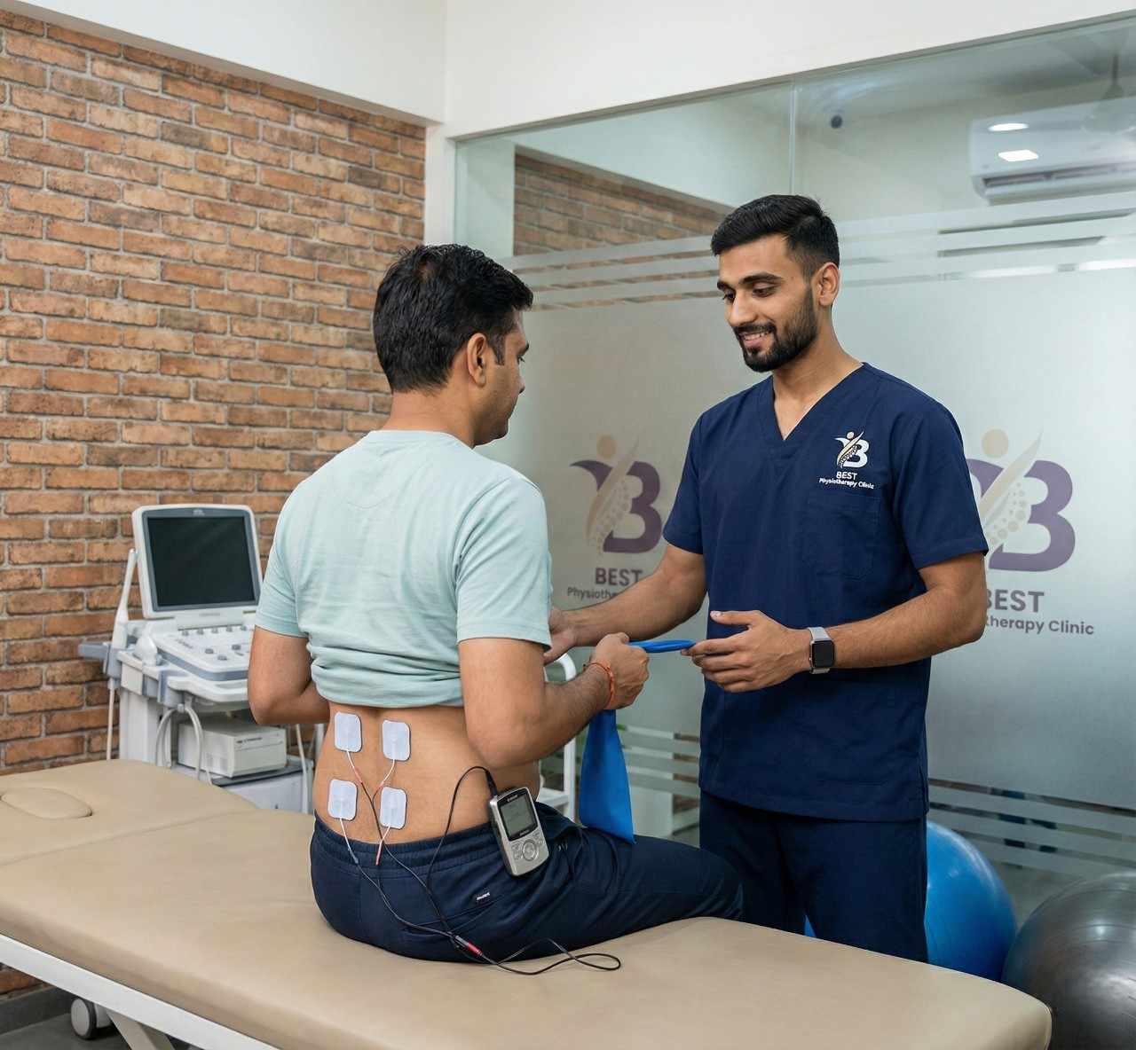 A physiotherapist guides a patient using TENS therapy during a lower-back rehabilitation session in Bopal Clinic.