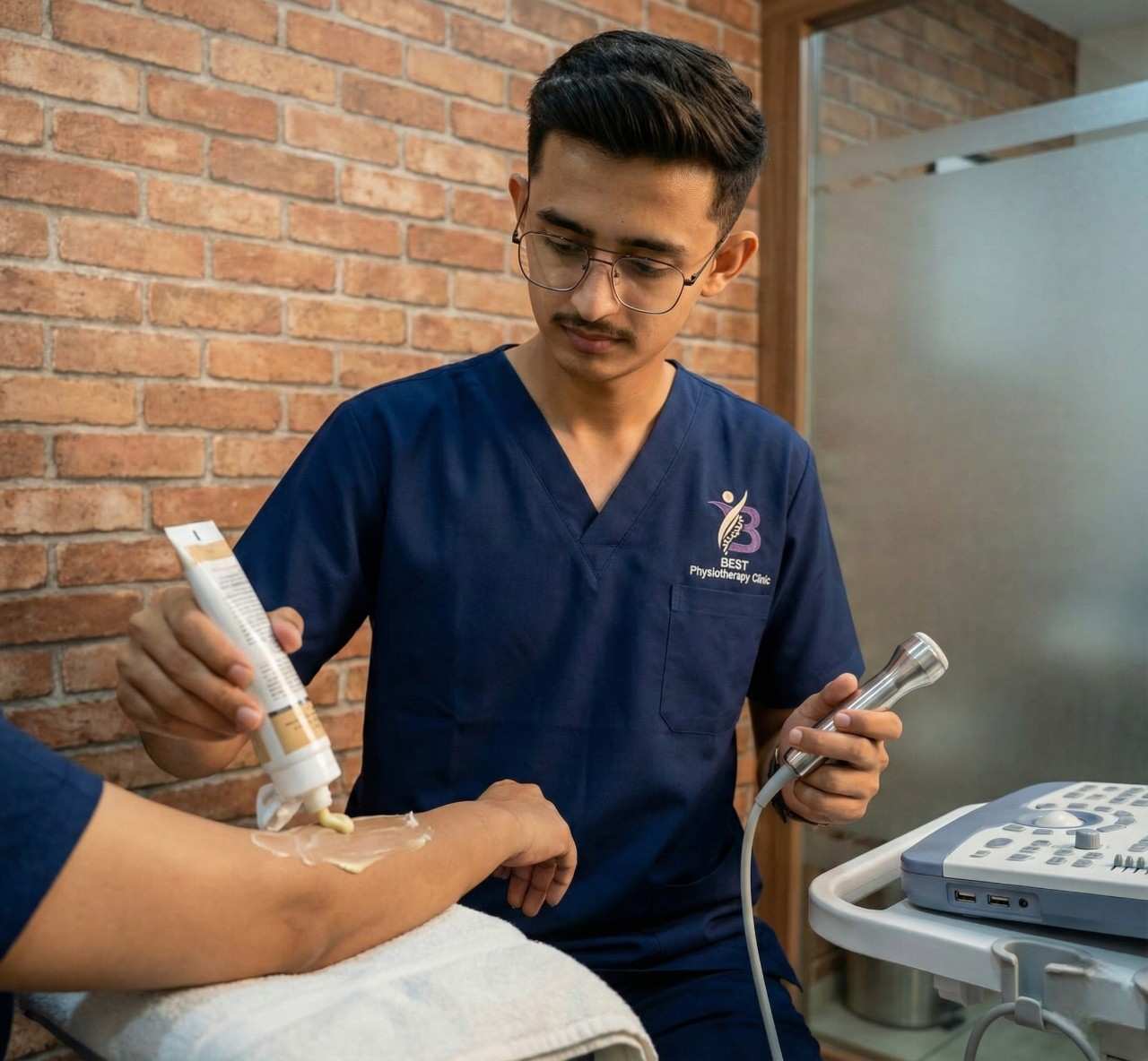 Physiotherapist Dr. Kanaiya preparing the patient’s elbow with conductive gel before administering a targeted therapeutic ultrasound treatment session.