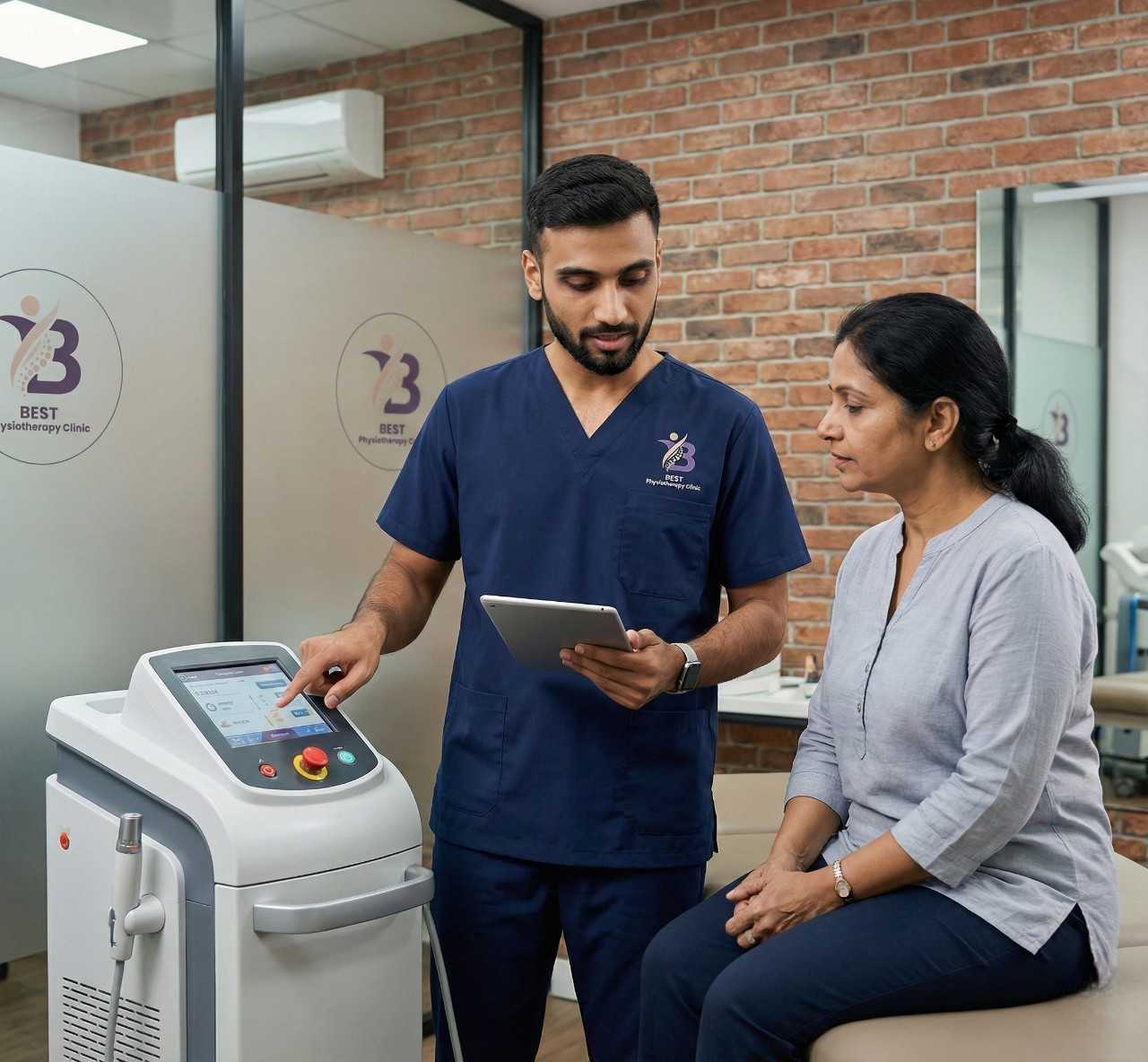 Dr. Sagar explaining laser therapy machine settings and treatment plan to patient in Bopal Ahmedabad