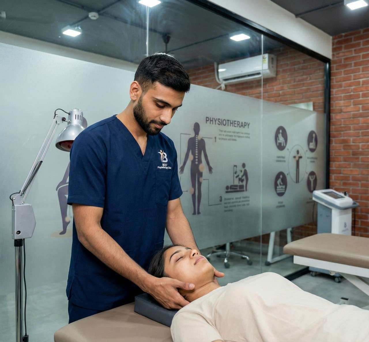 A physiotherapist performing manual neck therapy beside an infrared heat lamp during a session.