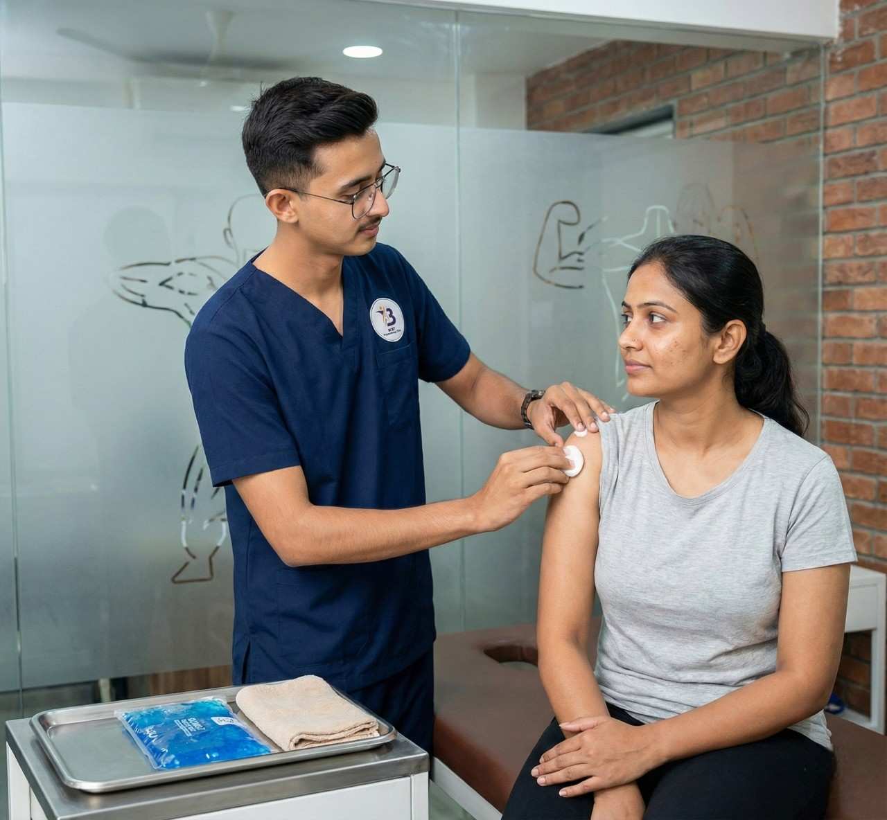 A physiotherapist dr. Kanaiya applies a cold pack on the patient’s shoulder for inflammation reduction and relief.
