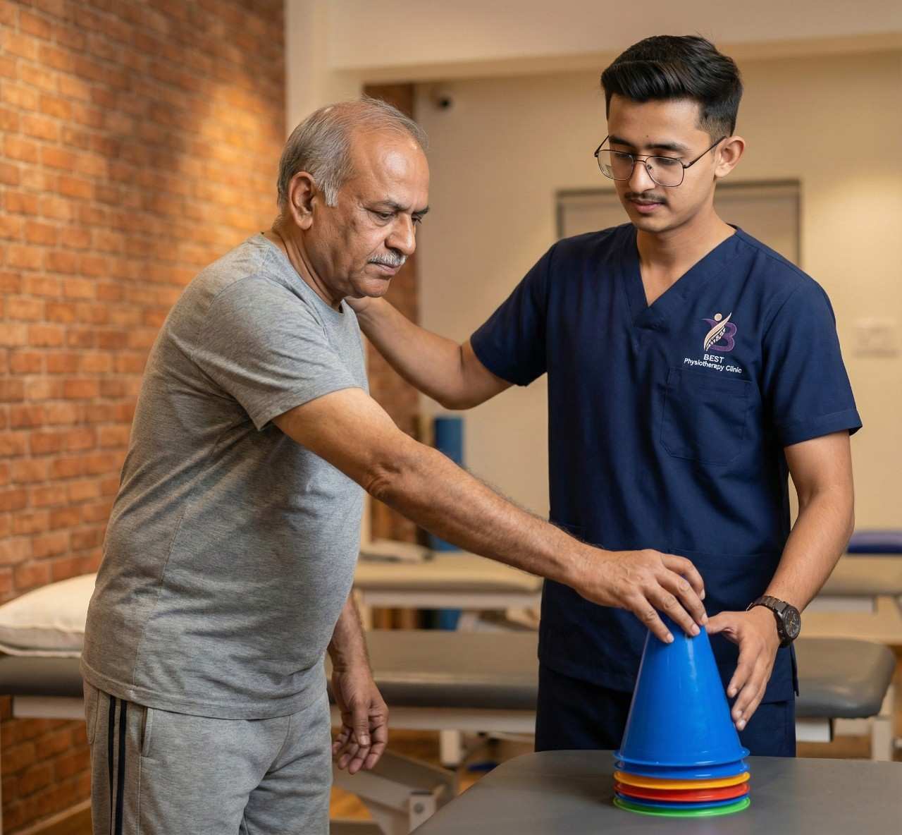 Physiotherapist Dr. Kanaiya guiding elderly patient through PNF coordination and functional movement training.