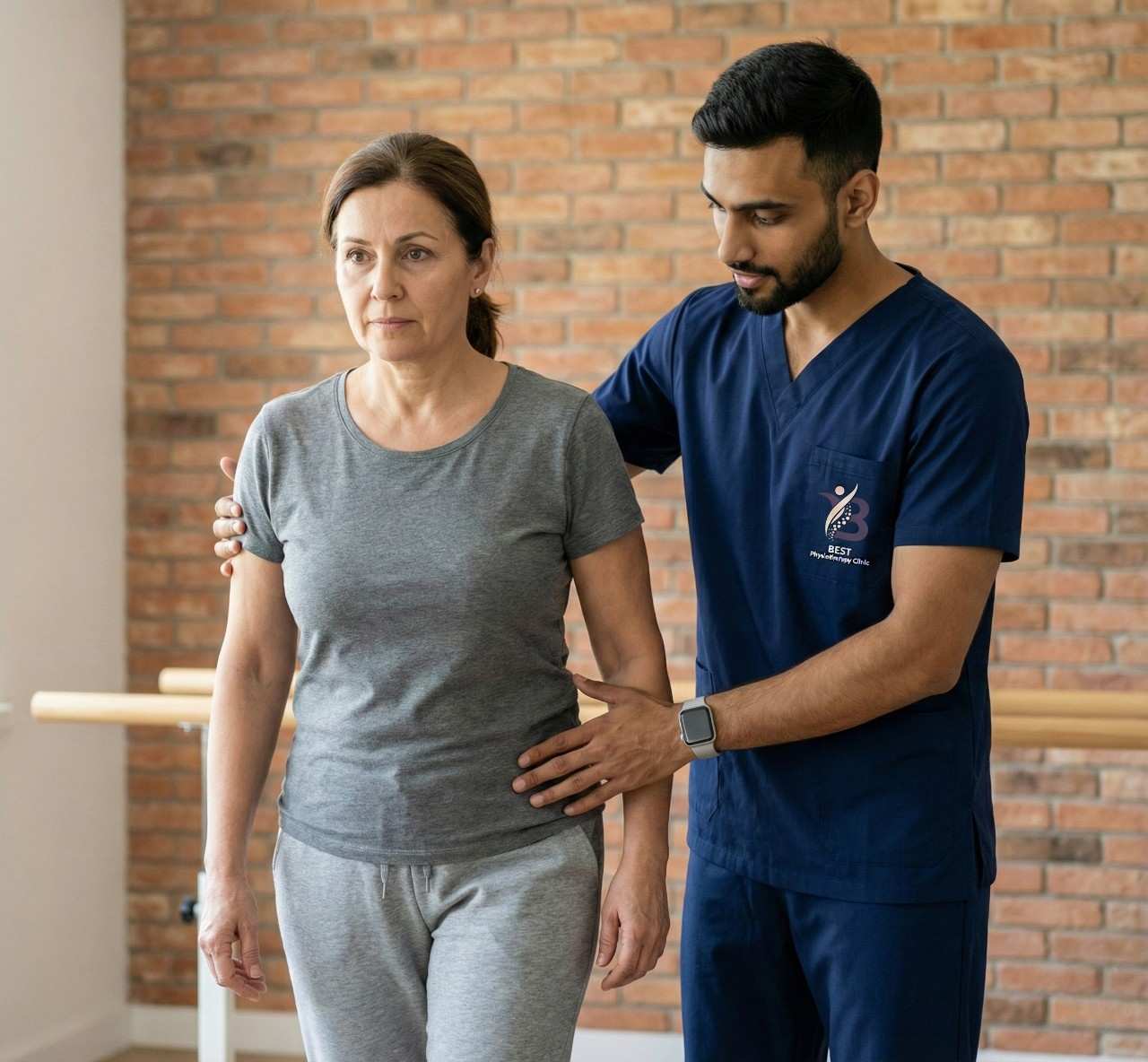 Dr. Sagar assisting a woman with Bobath gait training to restore balance and movement control in clinic Bopal.
