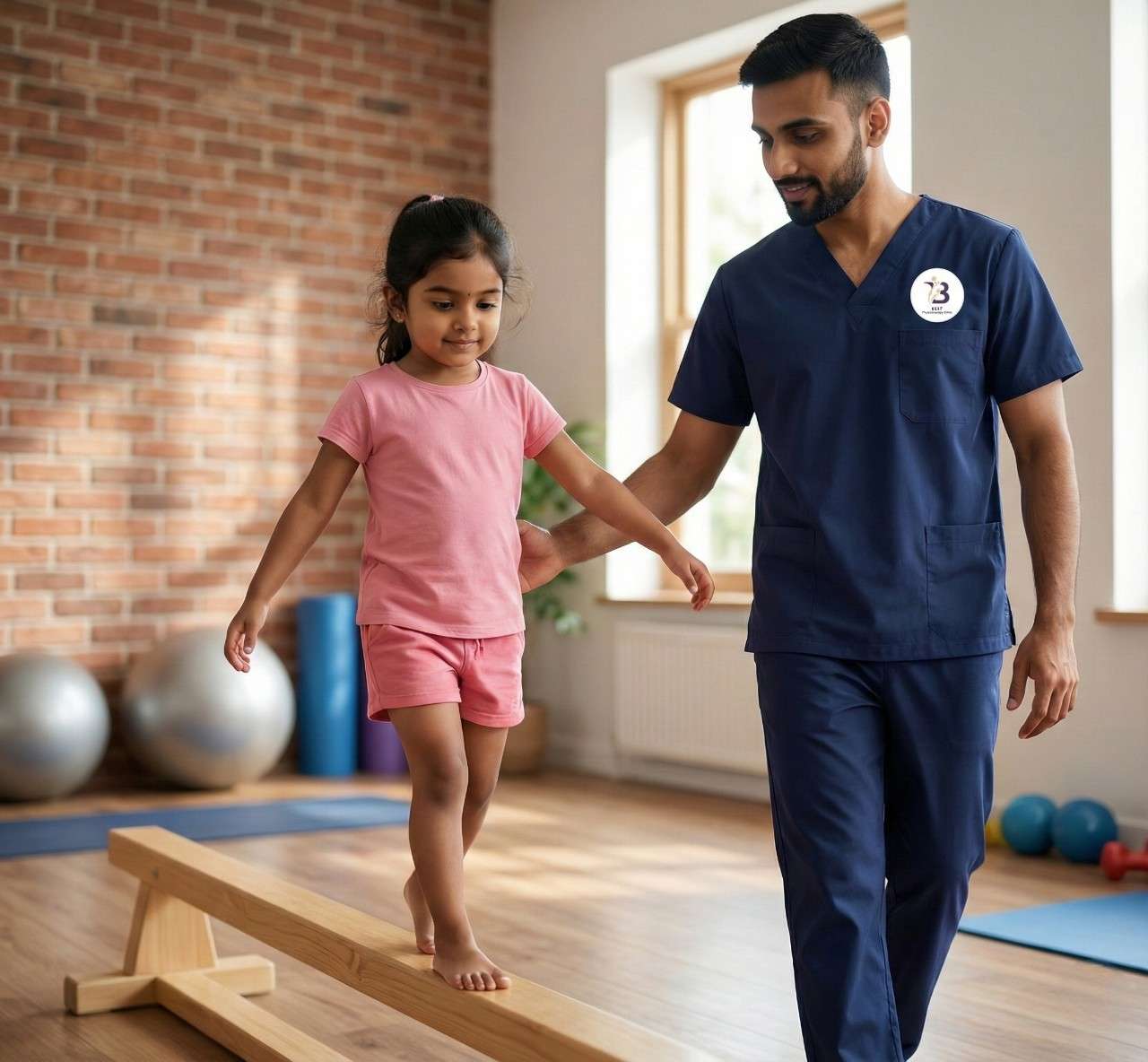 Physiotherapist assisting a young girl with balance training during a sensory integration session.