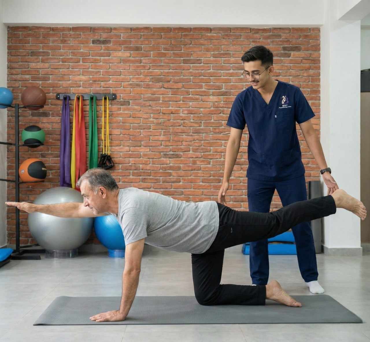 Physiotherapist assisting a senior patient with balance and core strengthening exercises in Bopal, Ahmedabad